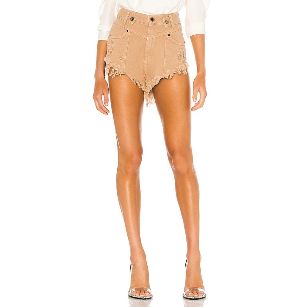 Retrofete Tan Frayed High-Waist Denim Shorts